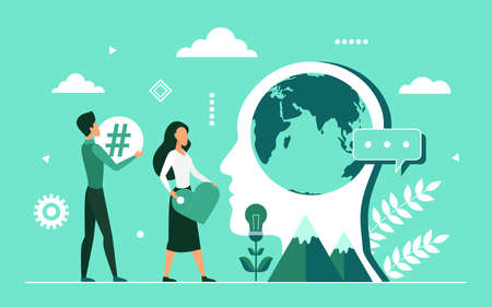 Save Earth ecology and environment eco concept vector illustration. Cartoon people holding heart and social media tag, standing next to abstract human head with green world planet inside backgroundのイラスト素材