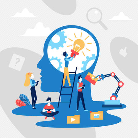 Load creative idea concept vector illustration. Cartoon tiny people group uploading new idea light bulb, creating inspiration data for thinking in human brain, abstract big head of person backgroundのイラスト素材