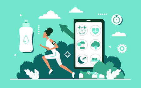 Cardio sport training workout, healthy lifestyle concept vector illustration. Cartoon mobile app for active runner athlete on smartphone screen and woman character jogging, running in park backgroundのイラスト素材