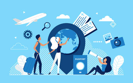 People travel around world tourism concept vector illustration. Cartoon tourist characters with suitcase, passport and plane tickets traveling, travelers enjoy worldwide trip adventure backgroundのイラスト素材