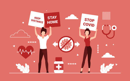 Stop covid19 corona virus concept vector illustration. Cartoon people warn, holding warning attention sign with keep distance, stay home and stop covid text, coronavirus epidemic prevention backgroundのイラスト素材