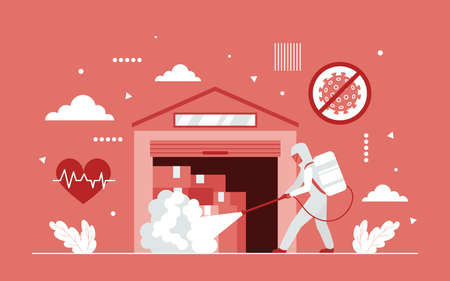 Warehouse disinfection from covid19 coronavirus concept vector illustration. Cartoon worker character with protective suit and gear spraying cleaning sanitize to kill virus pathogen in storehouseのイラスト素材