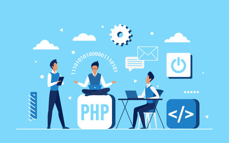 Programmer coder people team work on application development vector illustration. Cartoon tiny...