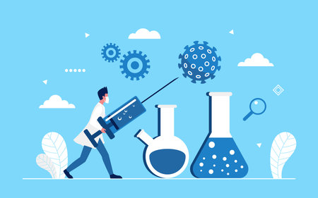 Coronavirus vaccine medicine research vector illustration. Cartoon doctor scientist character...