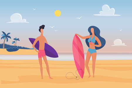 People surfers enjoy tropical nature sea landscape vector illustration. Cartoon man woman characters standing with surfboard for surfing, summer vacation activity in natural sand beach backgroundのイラスト素材