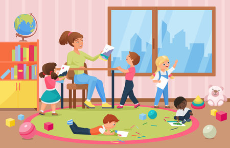 Happy kids artists and teacher vector illustration. Cartoon painter children characters painting, holding artworks to show young woman teacher, drawing with pencil in kindergarten interior backgroundのイラスト素材