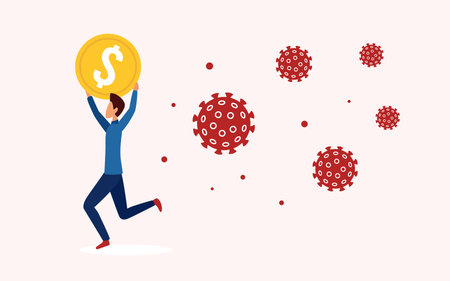 Businessman runs away from coronavirus concept vector illustration. Cartoon tiny man holding gold coin in hands and running in panic, business wealth money loss during financial crisis backgroundのイラスト素材