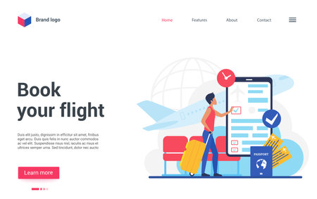 Landing page website design, cartoon traveler character booking online airplane tickets, using mobile smartphone app for registration. Travel business technology to book flight vector illustrationのイラスト素材
