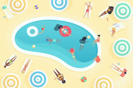 Top view of different female and male people relaxing near the pool, sunbathing, swimming, playing, diving, having rest, enjoying time outdoors cartoon vector illustrationのイラスト素材