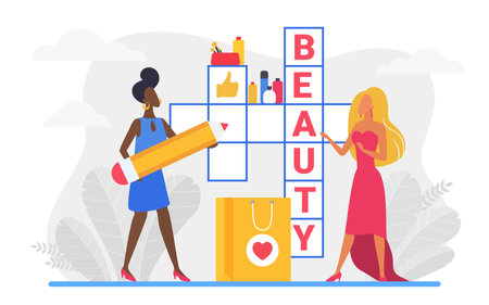 Beauty crossword vector illustration. Cartoon beautiful woman characters in dresses standing next to crossword puzzle with beauty word, fashion cosmetics accessories, makeup items isolated on whiteのイラスト素材