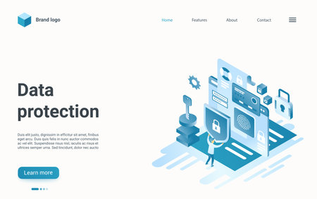Data protection isometric vector illustration. Cartoon 3d security internet technology to protect personal data information from crime hacker attack, fingerprint signature verification landing pageのイラスト素材