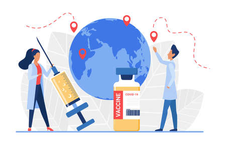 Epidemiology, vaccination concept vector illustration. Cartoon doctor people research virus pandemic outbreak location on map, epidemic health danger risk spread  virus disease isolated on whiteのイラスト素材