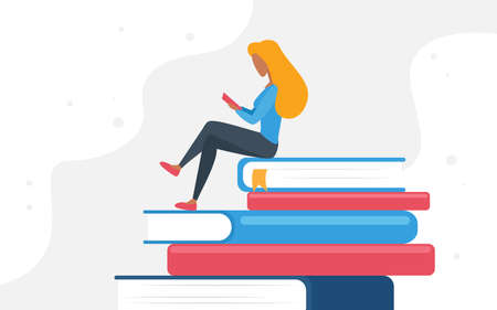 People read books vector illustration. Cartoon tiny young reader student woman character sitting on book stack and reading to study, motivational literature fan and knowledge concept backgroundのイラスト素材