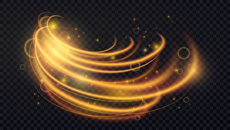 Gold luminous abstract light effect vector illustration. Luxury dynamic sparkles and motion lines decoration elements in golden shiny color, neon bright energy trails on transparent black backgroundのイラスト素材