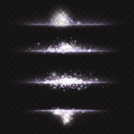 Silver glowing light effect vector illustration. Magic shiny cold white dust line for banner design, luminous glares trail with sparkle glitter flare and shimmer glitz on black transparent backgroundのイラスト素材