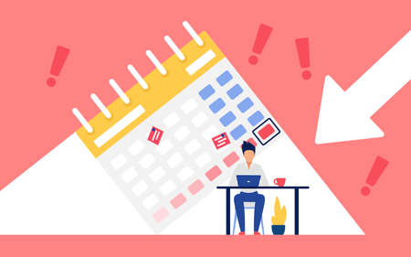 Deadline pressure, people work hard concept vector illustration. Cartoon employee character sitting at office table and working, manager planning with big press arrow and event calendar backgroundのイラスト素材