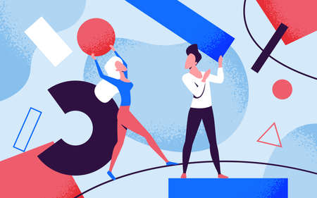 Creative problem solving, people holding abstract figures and forms, create solutionsのイラスト素材