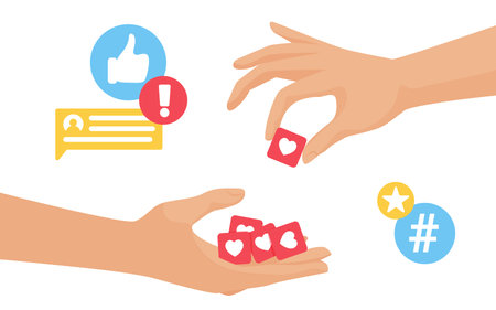 Collect likes, blogger hand collecting likes engagement feedback from followers audience