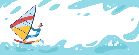 Summer travel, young surfer man riding on big blue sea or ocean surf waves, surfingのイラスト素材