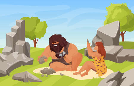 Prehistoric stone ages and primitive couple people work to break stone near caveのイラスト素材