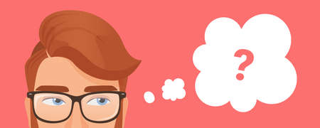 Man thinking, pensive young male character wearing glasses thinks with question markのイラスト素材