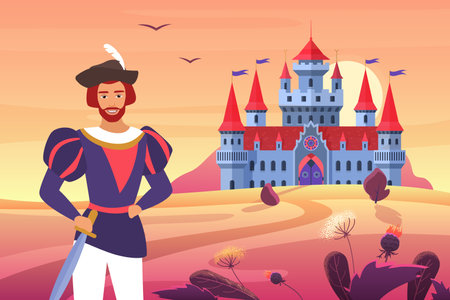 Prince in medieval clothes standing next to fantasy castle in fairytale landscapeのイラスト素材