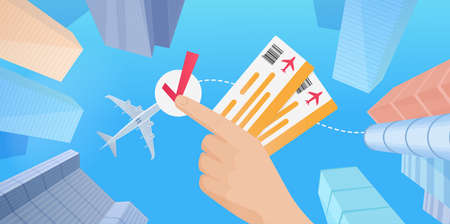 Buy airline tickets for business travel flight worldwide, tourist hands holding ticketsのイラスト素材