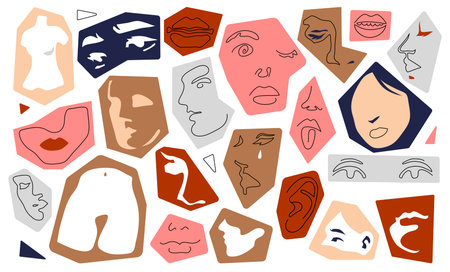 Abstract trendy continuous line portrait faces art in minimal geometric shapes set