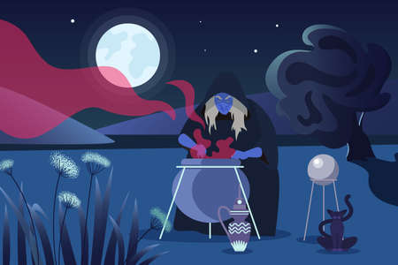 Happy Halloween scary concept, old witch character cooking magical potion in cauldronのイラスト素材