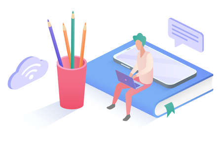 Isometric people work study online concept, man student or worker sitting with laptopのイラスト素材