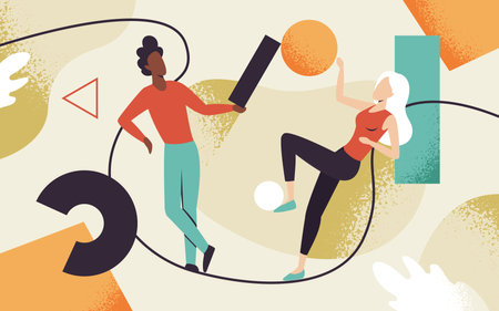 People teamwork organization vector illustration. Cartoon man woman characters team working together, collecting organizing abstract colorful geometric shape, creative geometry metaphor backgroundのイラスト素材
