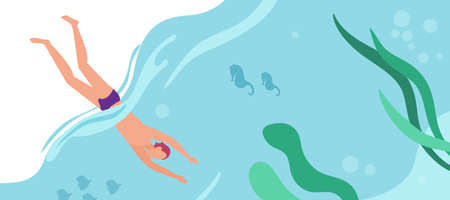 Summer vacation underwater swim adventure, young active sporty swimmer man swimmingのイラスト素材