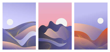 Abstract blue waves, gradient landscape set, template background for social media storiesのイラスト素材