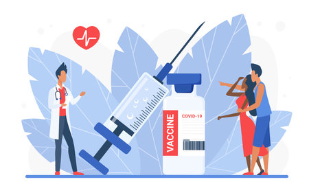 Time to vaccinate concept, doctor character advising young couple people in hospitalのイラスト素材