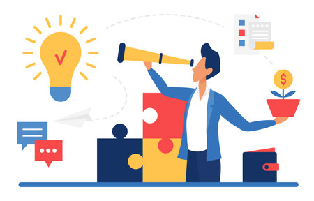 Success business new idea concept, businessman leader character looking through telescopeのイラスト素材