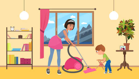 Children help parents with housework, mother with vacuum cleaner, boy son cleaning roomのイラスト素材