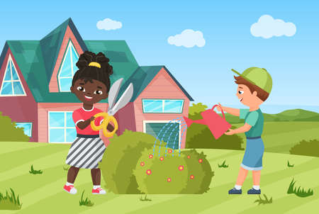 Happy funny gardener children water plant leaves, cultivate bush in garden landscapeのイラスト素材