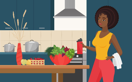 Cook food, diet and sports healthy lifestyle, sportive beautiful girl cooking fresh saladのイラスト素材