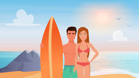 Happy couple people surf on tropical beach landscape, summer tourism vacation vector illustration. Cartoon young smiling surfers man and woman characters standing with surfboard together backgroundのイラスト素材