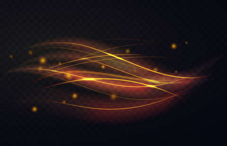 Golden luminous waves shapes and shining particles, abstract light effect vector illustration. Luxury sparkling shiny magic swirl, dynamic wavy gold trails shine on transparent black backgroundのイラスト素材
