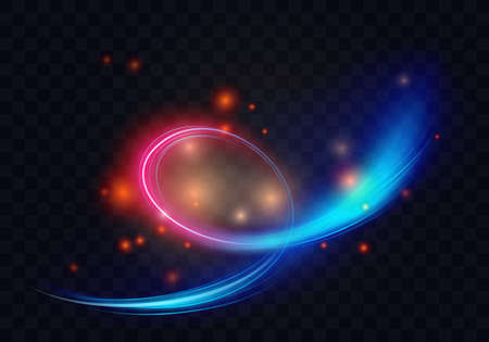 Light circle swirl spiral shapes and lines, abstract energy effect vector illustration. Shiny neon rings shine with flying magic bright luminous particles and sparkles on transparent black backgroundのイラスト素材
