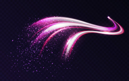 Glitter sparkle star trail, light effect, abstract waves flow vector illustration. Neon magic comet meteor with stardust plume flying, dynamic curve swirl motion glow on dark transparent backgroundのイラスト素材