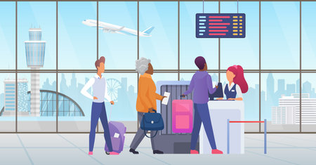People passenger at international airport check in vector illustration. Cartoon tourist characters standing in line before travel, airline desk counter for checking ticket documents backgroundのイラスト素材