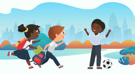 Happy children playing together in schoolyard vector illustration. Cartoon schoolchildren running to play ball after school lessons, funny diverse little girl boy child characters have fun backgroundのイラスト素材
