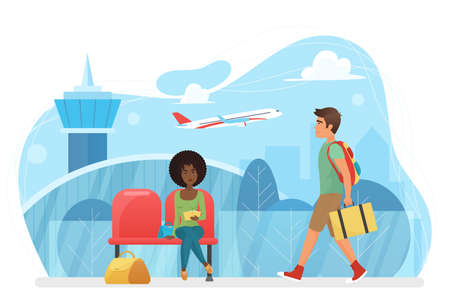 Airport departure lounge room terminal with waiting people vector illustration. Cartoon persons sitting in armchair, walking with bags in international arrival modern hall indoor isolated on whiteのイラスト素材