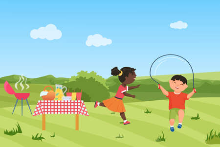 Happy children have fun on barbecue picnic party together vector illustration. Cartoon girl child running, boy character jumping rope, healthy sport activity in summer green garden or park backgroundのイラスト素材