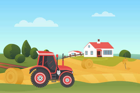 Harvesting in autumn landscape, modern farm tractor on wheat fields with haystacks vector illustration. Cartoon countryside village scenery, agricultural machine, farmhouse building on hill backgroundのイラスト素材