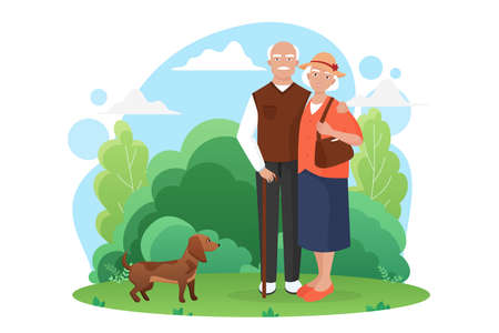 Old people senior couple walks with a small dog in the park vector illustrationのイラスト素材