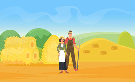 Farmer people work on wheat farm field with haystacks vector illustration. Cartoon villagers characters standing together in countryside farmland village landscape, holding pitchfork backgroundのイラスト素材