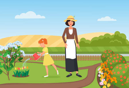Family farmers people work, water flowers in farm garden vector illustration. Cartoon girl and mother gardener characters working and gardening, happy little daughter holding watering can backgroundのイラスト素材